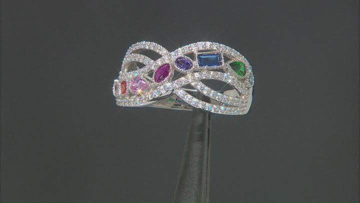 Multi-Color Cubic Zirconia, Lab Ruby, Lab Green & Lab Blue Spinel Rhodium Over Silver Ring 1.82ctw Video Thumbnail