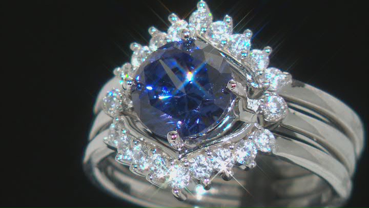 Blue And White Cubic Zirconia Rhodium Over Sterling Silver 3 Ring Set 4.46ctw Video Thumbnail