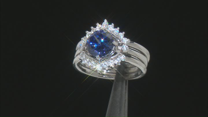 Blue And White Cubic Zirconia Rhodium Over Sterling Silver 3 Ring Set 4.46ctw Video Thumbnail