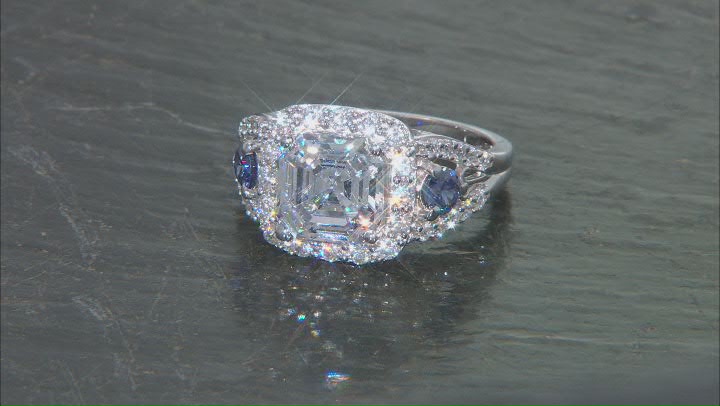 Blue And White Cubic Zirconia Platinum Over Sterling Silver Asscher Cut Ring 7.21ctw Video Thumbnail