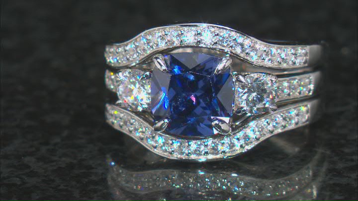 Blue And White Cubic Zirconia Rhodium Over Sterling Silver 3 Ring Set 5.58ctw Video Thumbnail