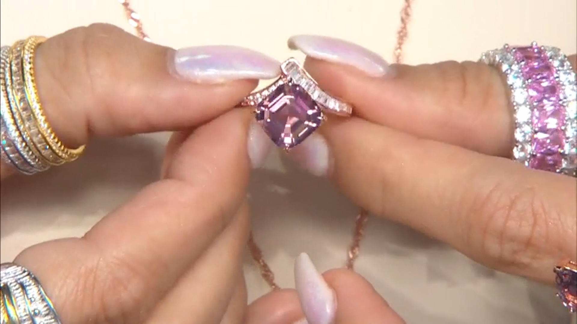 Blush Zircon Simulant And White Cubic Zirconia 18k Rose Gold Over Silver Asscher Cut Ring 6.65ctw Video Thumbnail