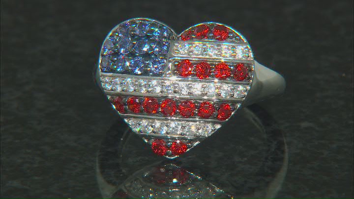 Red, Blue, And White Cubic Zirconia Platinum Over Sterling Silver Flag Ring 1.65ctw Video Thumbnail