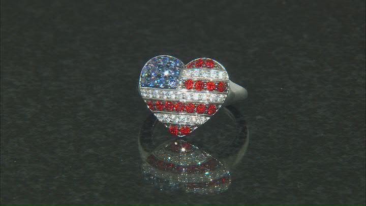 Red, Blue, And White Cubic Zirconia Platinum Over Sterling Silver Flag Ring 1.65ctw Video Thumbnail