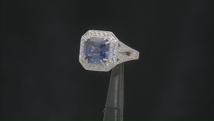 Blue And White Cubic Zirconia Rhodium Over Silver Asscher Cut Ring 8.82ctw Video Thumbnail