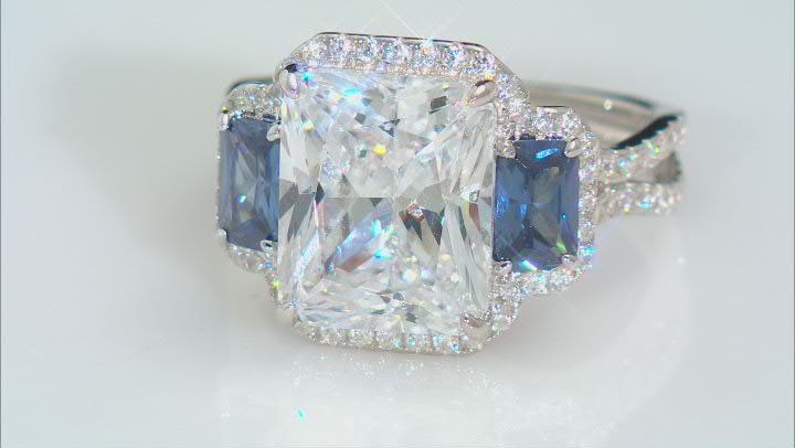 Blue And White Cubic Zirconia Rhodium Over Sterling Silver Ring 14.70ctw Video Thumbnail