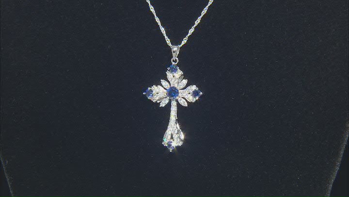 Blue And White Cubic Zirconia Rhodium Over Sterling Silver Cross Pendant With Chain 2.85ctw Video Thumbnail