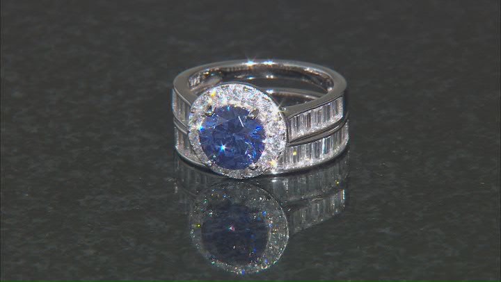 Blue And White Cubic Zirconia Rhodium Over Sterling Silver Ring Set 6.71ctw Video Thumbnail