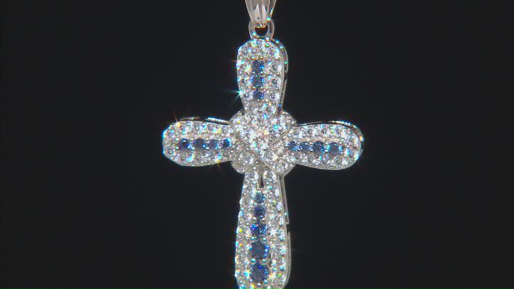 Blue And White Cubic Zirconia Platinum Over Sterling Silver Cross Pendant With Chain 1.68ctw Video Thumbnail