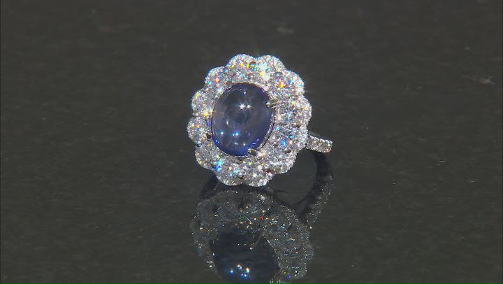 Blue Cabochon And White Cubic Zirconia Rhodium Over Sterling Silver Ring 11.74ctw Video Thumbnail