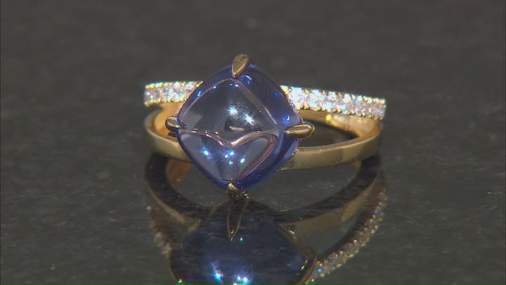 Blue Cabochon and White Cubic Zirconia 18K Yellow Gold Over Sterling Silver Ring 9.51ctw Video Thumbnail