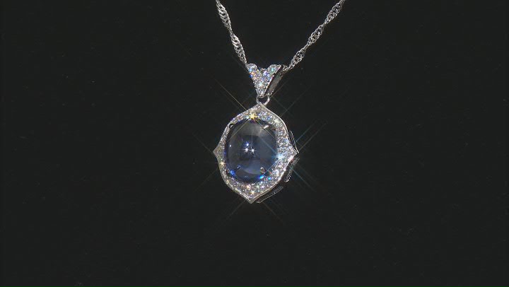 Blue Cabochon And White Cubic Zirconia Rhodium Over Sterling Silver Pendant with Chain 11.77ctw Video Thumbnail