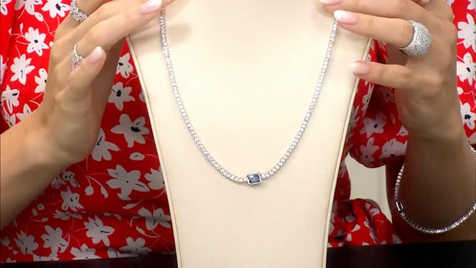 Blue And White Cubic Zirconia Rhodium Over Silver Tennis Necklace 18.50ctw Video Thumbnail