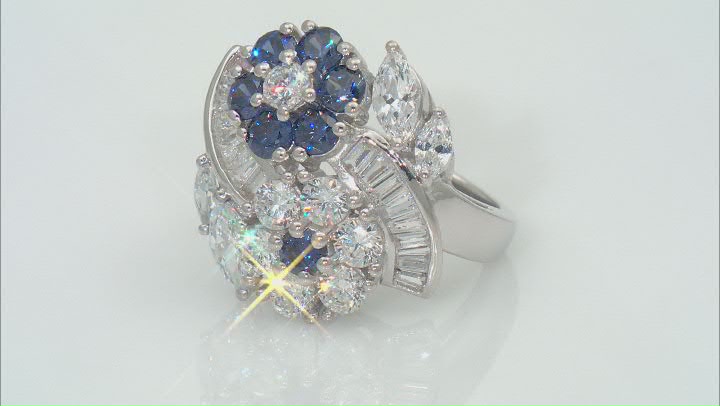 Blue And White Cubic Zirconia Rhodium Over Sterling Silver Flower Ring 6.00ctw Video Thumbnail