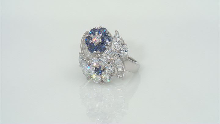 Blue And White Cubic Zirconia Rhodium Over Sterling Silver Flower Ring 6.00ctw Video Thumbnail