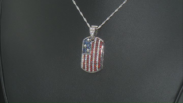 Garnet, White, And Blue Cubic Zirconia Rhodium Over Silver Flag Pendant 3.40ctw Video Thumbnail