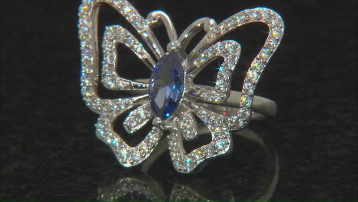 Blue And White Cubic Zirconia Rhodium Over Silver Butterfly Ring 2.70ctw Video Thumbnail