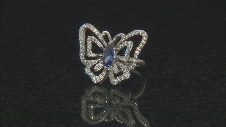 Blue And White Cubic Zirconia Rhodium Over Silver Butterfly Ring 2.70ctw Video Thumbnail
