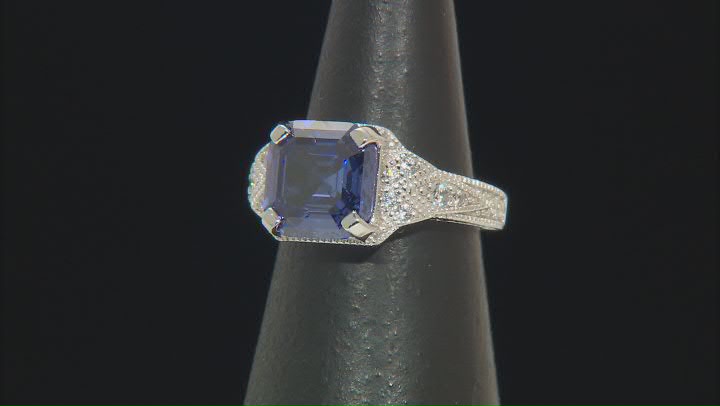 Blue And White Cubic Zirconia Platinum Over Silver Asscher Cut Ring 8.10ctw Video Thumbnail