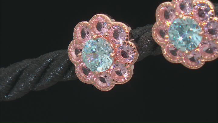 Morganite Simulant And Blue Cubic Zirconia 18k Rose Gold Over Silver Flower Earrings 2.50ctw Video Thumbnail