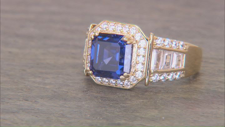 Blue And White Cubic Zirconia 18k Yellow Gold Over Sterling Silver Asscher Cut Ring 6.35ctw Video Thumbnail