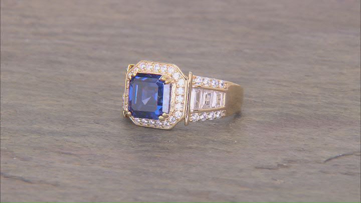 Blue And White Cubic Zirconia 18k Yellow Gold Over Sterling Silver Asscher Cut Ring 6.35ctw Video Thumbnail