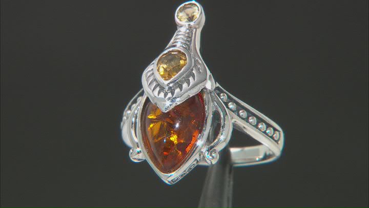 Orange Amber Oxidized Sterling Silver Ring 12x8mm Video Thumbnail