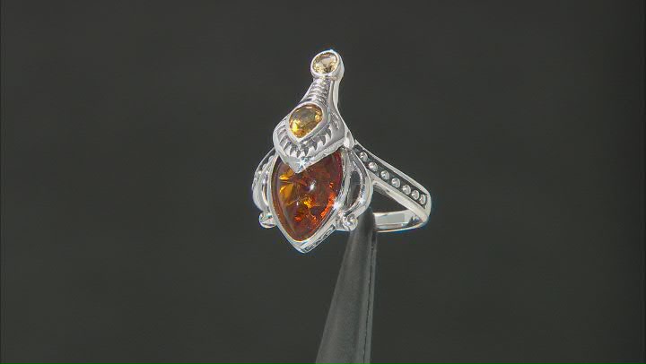 Orange Amber Oxidized Sterling Silver Ring 12x8mm Video Thumbnail