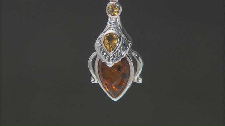 Orange Pear Amber Oxidized Sterling Silver Pendant With Chain 12x8mm Video Thumbnail
