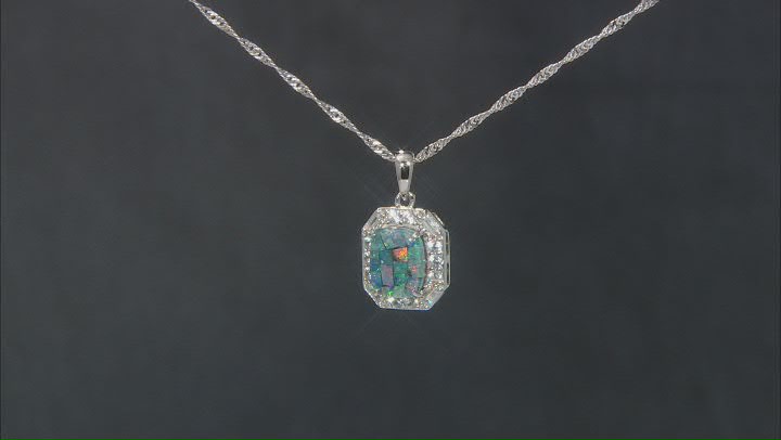 Multicolor Australian Mosaic Opal Triplet Rhodium Over Sterling Silver Pendant With Chain 0.67ctw Video Thumbnail