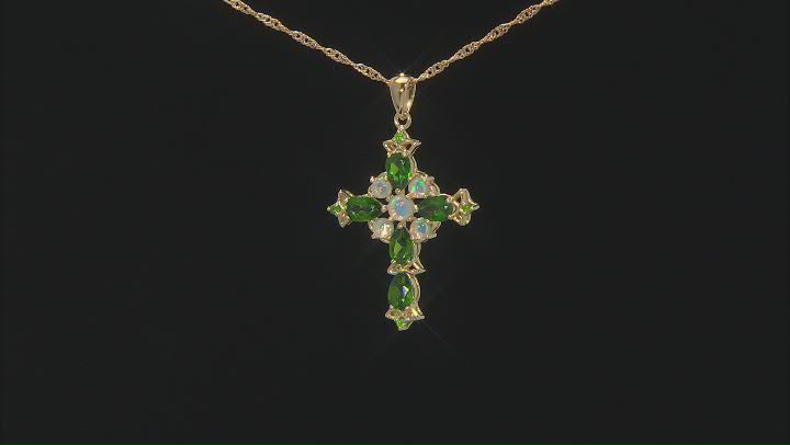 Green Chrome Diopside 18k Yellow Gold Over Silver Cross Pendant With Chain 2.53ctw Video Thumbnail