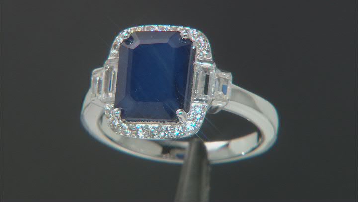 Blue Sapphire Rhodium Over Sterling Silver Ring 3.90ctw Video Thumbnail
