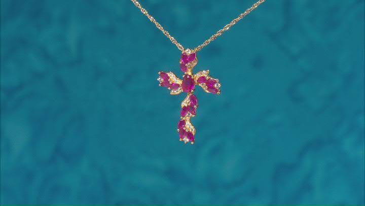 Red Ruby 18k Yellow Gold Over Sterling Silver Cross Pendant Chain 2.61ctw Video Thumbnail