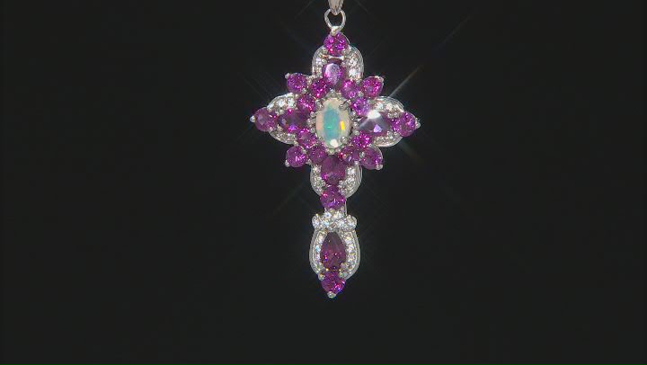 Multi Color Ethiopian Opal Rhodium Over Silver Cross Pendant with Chain 2.96ctw Video Thumbnail