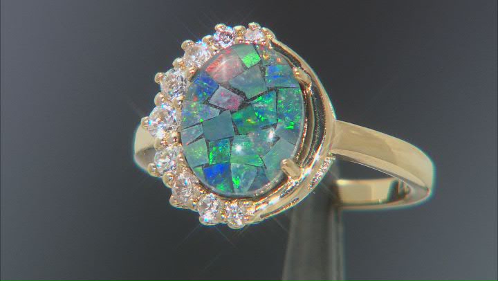 Multi Color Mosaic Opal Triplet 18k Yellow Gold Over Sterling Silver Ring Video Thumbnail