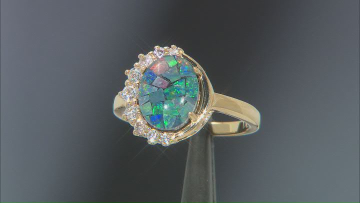 Multi Color Mosaic Opal Triplet 18k Yellow Gold Over Sterling Silver Ring Video Thumbnail