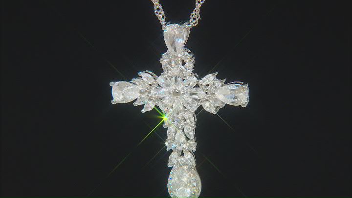 White Cubic Zirconia Rhodium Over Sterling Silver Cross Pendant With Chain 4.59ctw Video Thumbnail
