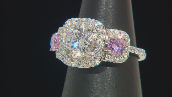 White and Pink Cubic Zirconia Rhodium Over Sterling Silver Ring 6.54ctw Video Thumbnail