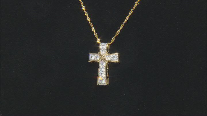 White Cubic Zirconia 18k Yellow Gold Over Sterling Silver Cross Pendant with Chain 1.25ctw Video Thumbnail