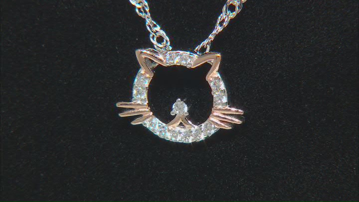 White Cubic Zirconia Rhodium And 18k Rose Gold Over Sterling Silver Cat Pendant With Chain 0.20ctw Video Thumbnail
