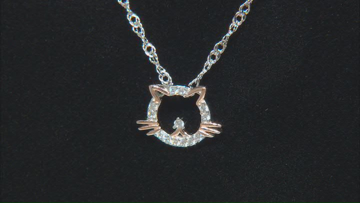 White Cubic Zirconia Rhodium And 18k Rose Gold Over Sterling Silver Cat Pendant With Chain 0.20ctw Video Thumbnail