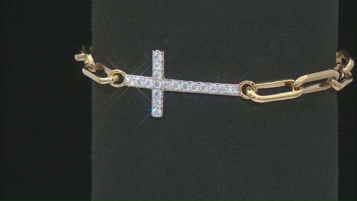 White Cubic Zirconia 18k Yellow Gold Over Sterling Silver Paperclip Chain Cross Bracelet 1.00ctw Video Thumbnail