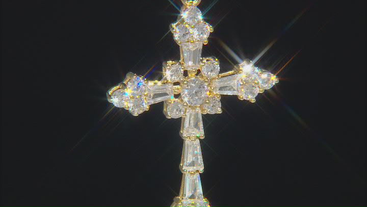 White Cubic Zirconia 18k Yellow Gold Over Silver Cross Pendant With Chain 2.95ctw (1.49ctw DEW) Video Thumbnail