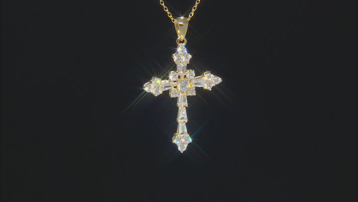 White Cubic Zirconia 18k Yellow Gold Over Silver Cross Pendant With Chain 2.95ctw (1.49ctw DEW) Video Thumbnail