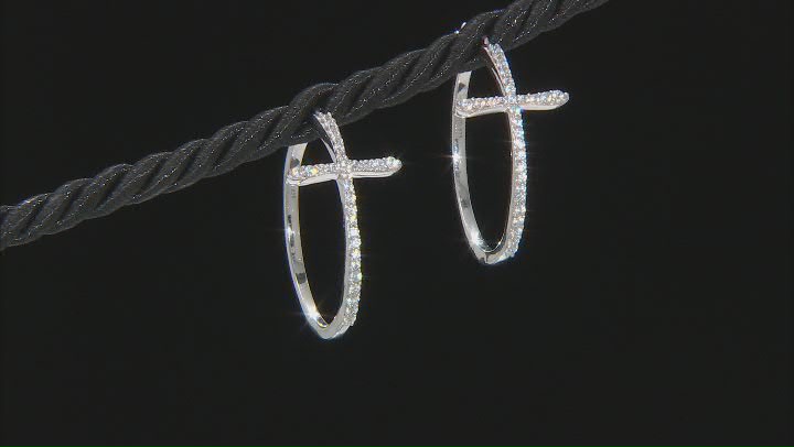 White Cubic Zirconia Rhodium Over Sterling Silver Cross Hoop Earrings 1.20ctw Video Thumbnail