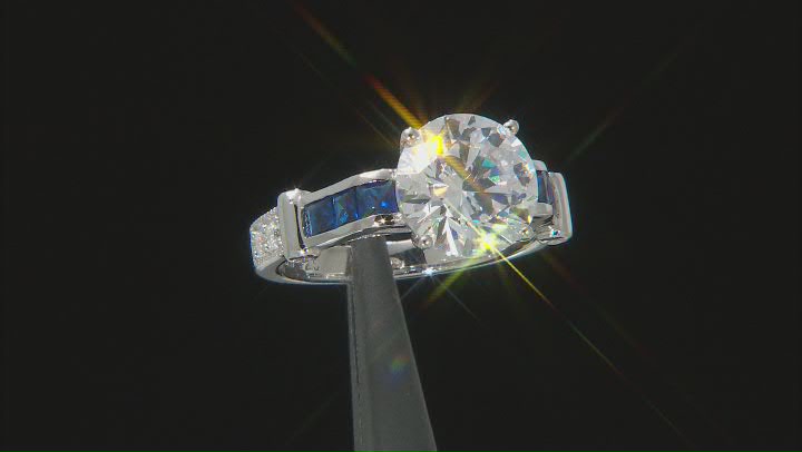 Blue Lab Created Spinel And White Cubic Zirconia Rhodium Over Silver Ring 7.39ctw Video Thumbnail