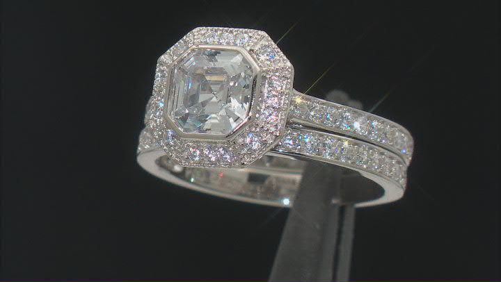 White Cubic Zirconia Platinum Over Sterling Silver Asscher Cut Ring With Band 4.17ctw Video Thumbnail