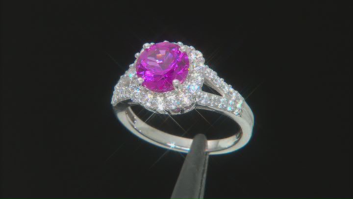 Lab Created Pink Sapphire And White Cubic Zirconia Rhodium Over Sterling Silver Ring 3.47ctw Video Thumbnail