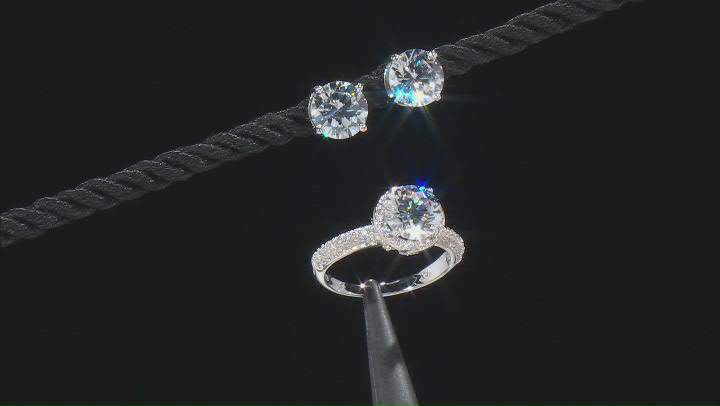 White Cubic Zirconia Rhodium Over Sterling Silver Ring And Earring Set 11.52ctw Video Thumbnail