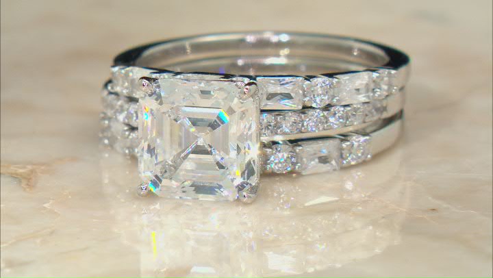 Asscher Cut White Cubic Zirconia Platinum Over Silver Ring With Bands Set (2.84ctw DEW)